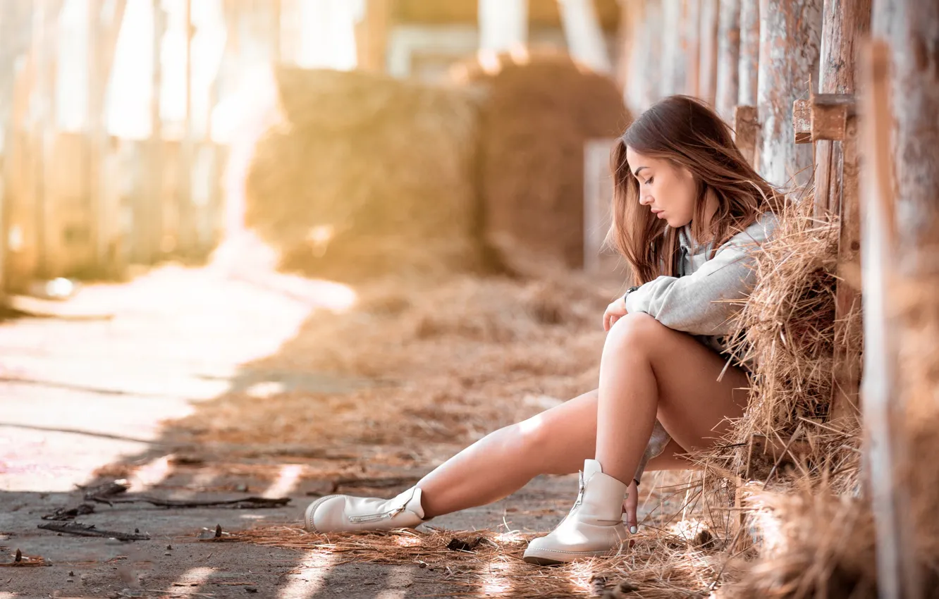 Photo wallpaper girl, light, pose, hay, legs, Denis Tretyakov