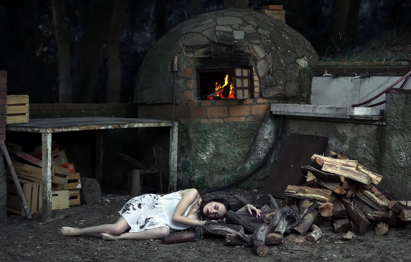 Photo wallpaper girl, wood, oven