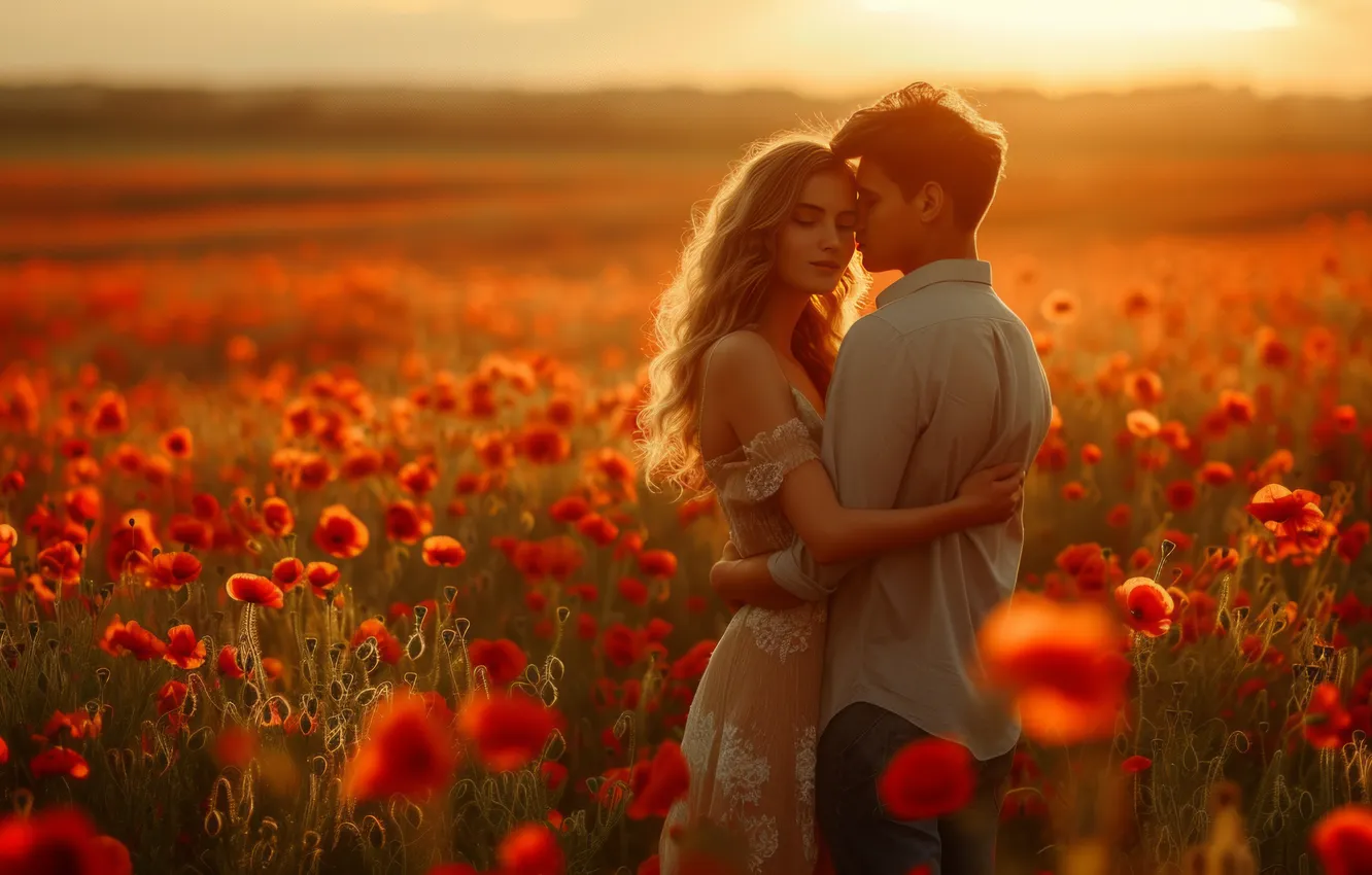 Photo wallpaper summer, girl, light, love, sunset, flowers, red, pose