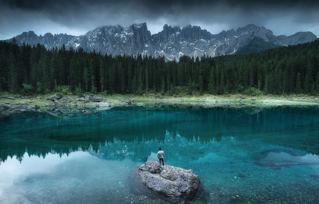 Photo wallpaper forest, lake, people, Alps, Italy, The Dolomites