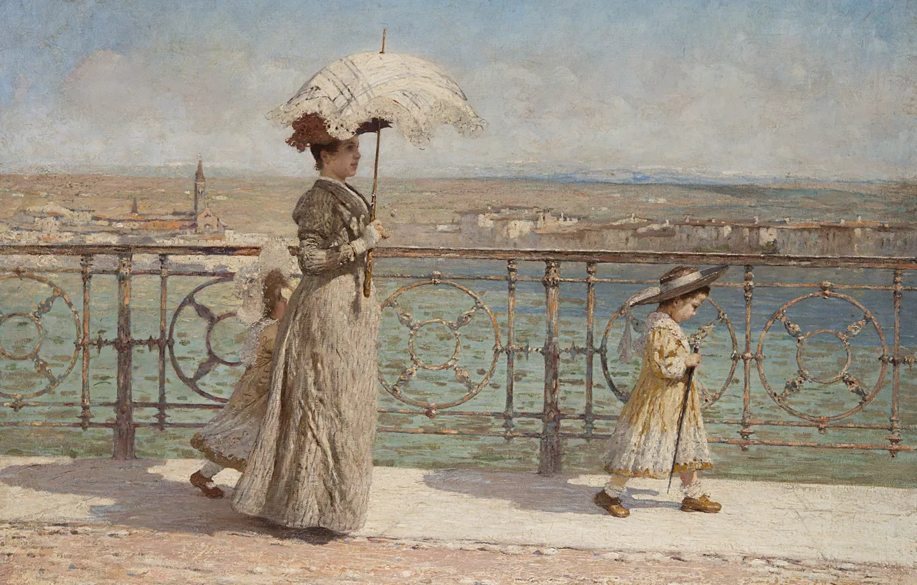 Photo wallpaper Italian painter, Italian painter, oil on canvas, Walk on the New Bridge, Francesco Benaglio, Walk …