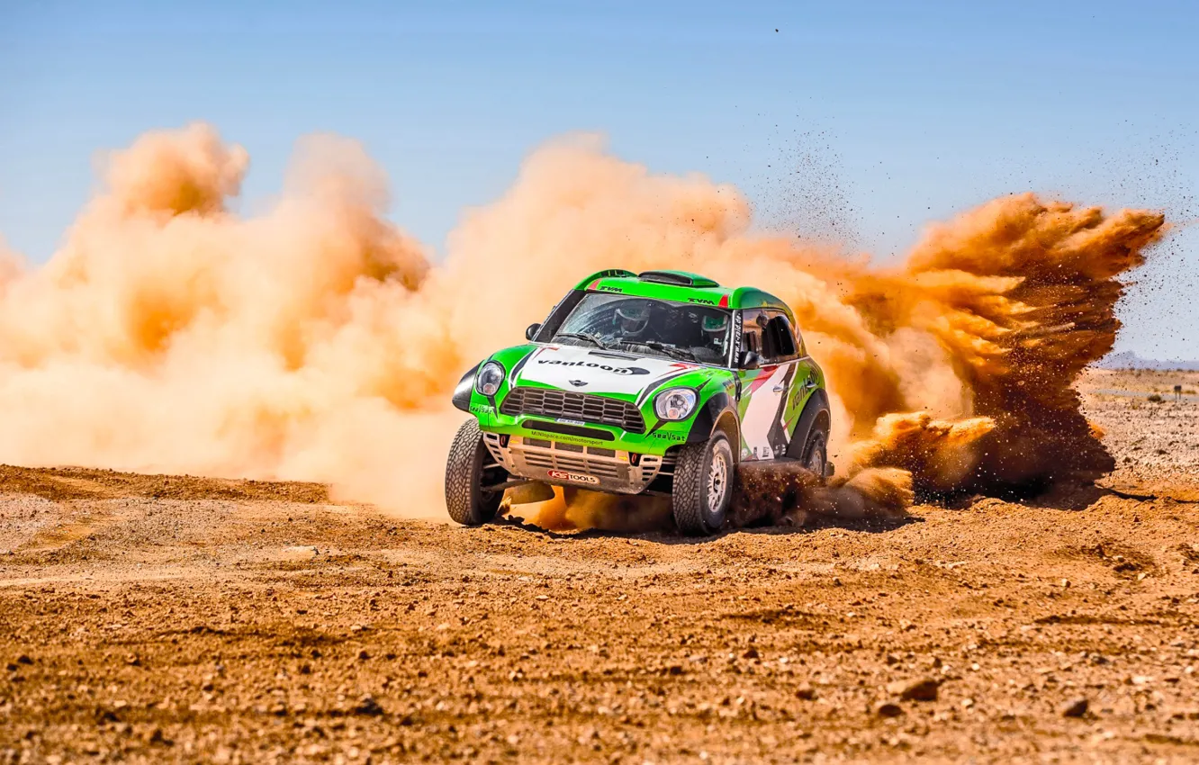 Photo wallpaper sand, green, race, sport, speed, Mini, dust, dunes