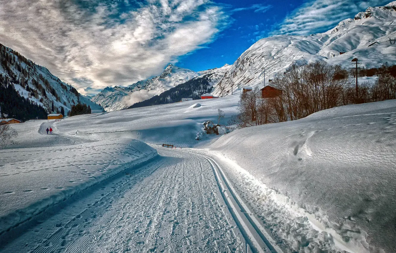Photo wallpaper road, snow, trees, mountains, home