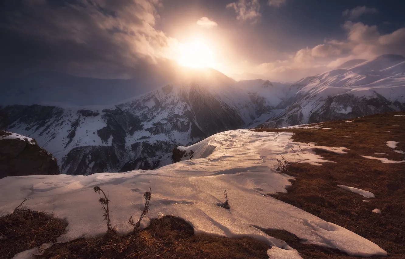 Photo wallpaper winter, the sun, clouds, snow, mountains, haze