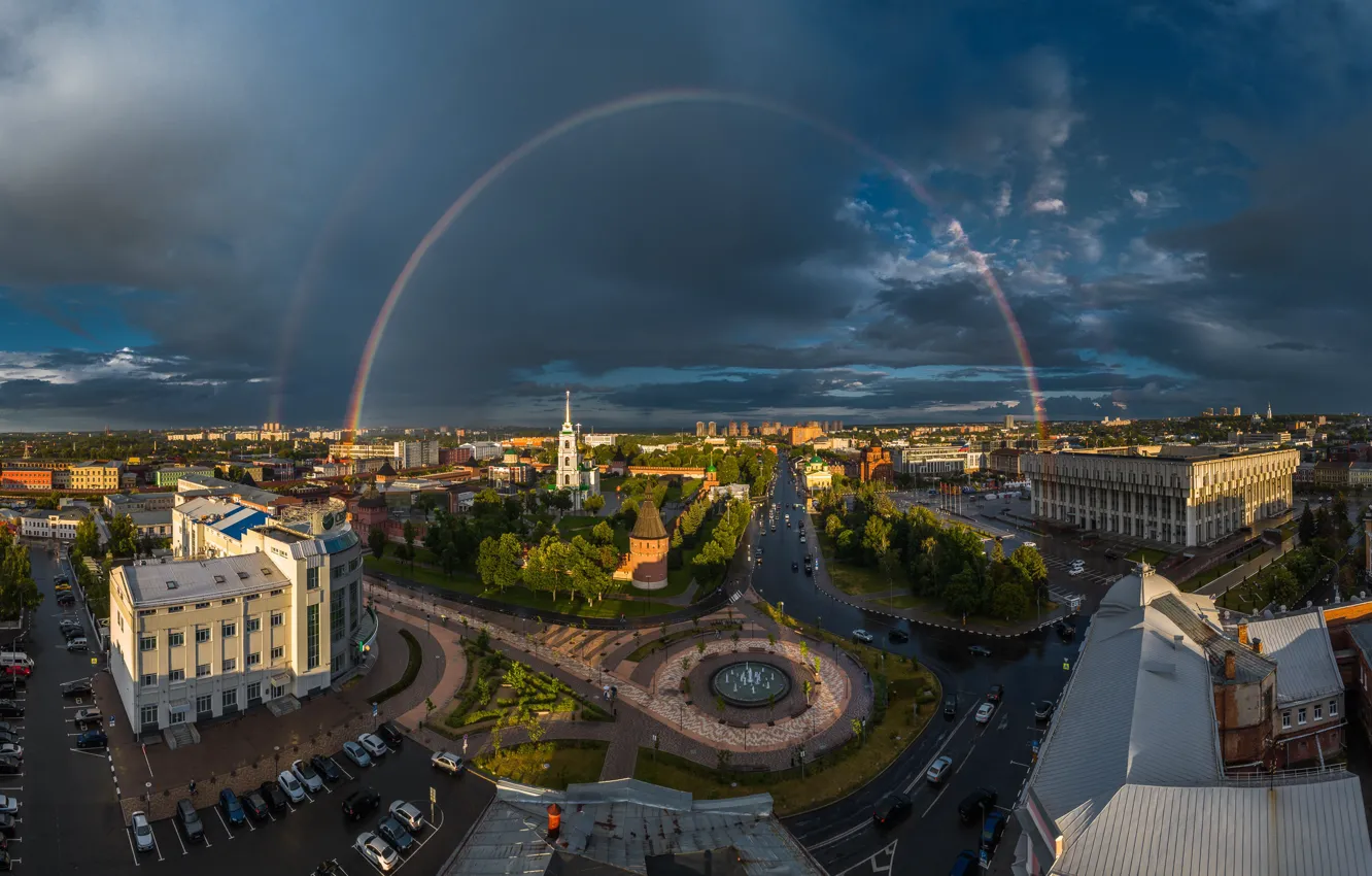 Photo wallpaper road, the city, street, building, home, rainbow, The Kremlin, Tula
