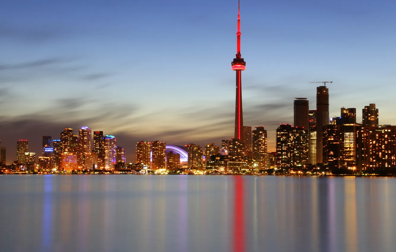 Photo wallpaper clouds, lake, reflection, the evening, Canada, Toronto, lake Ontario, CN Tower