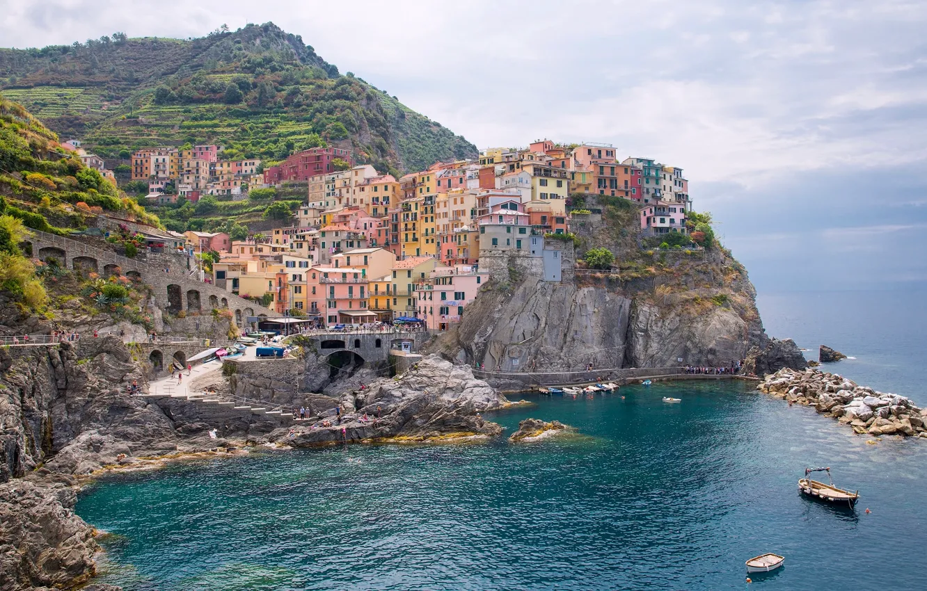 Photo wallpaper sea, landscape, rocks, coast, building, Italy, Italy, The Ligurian sea