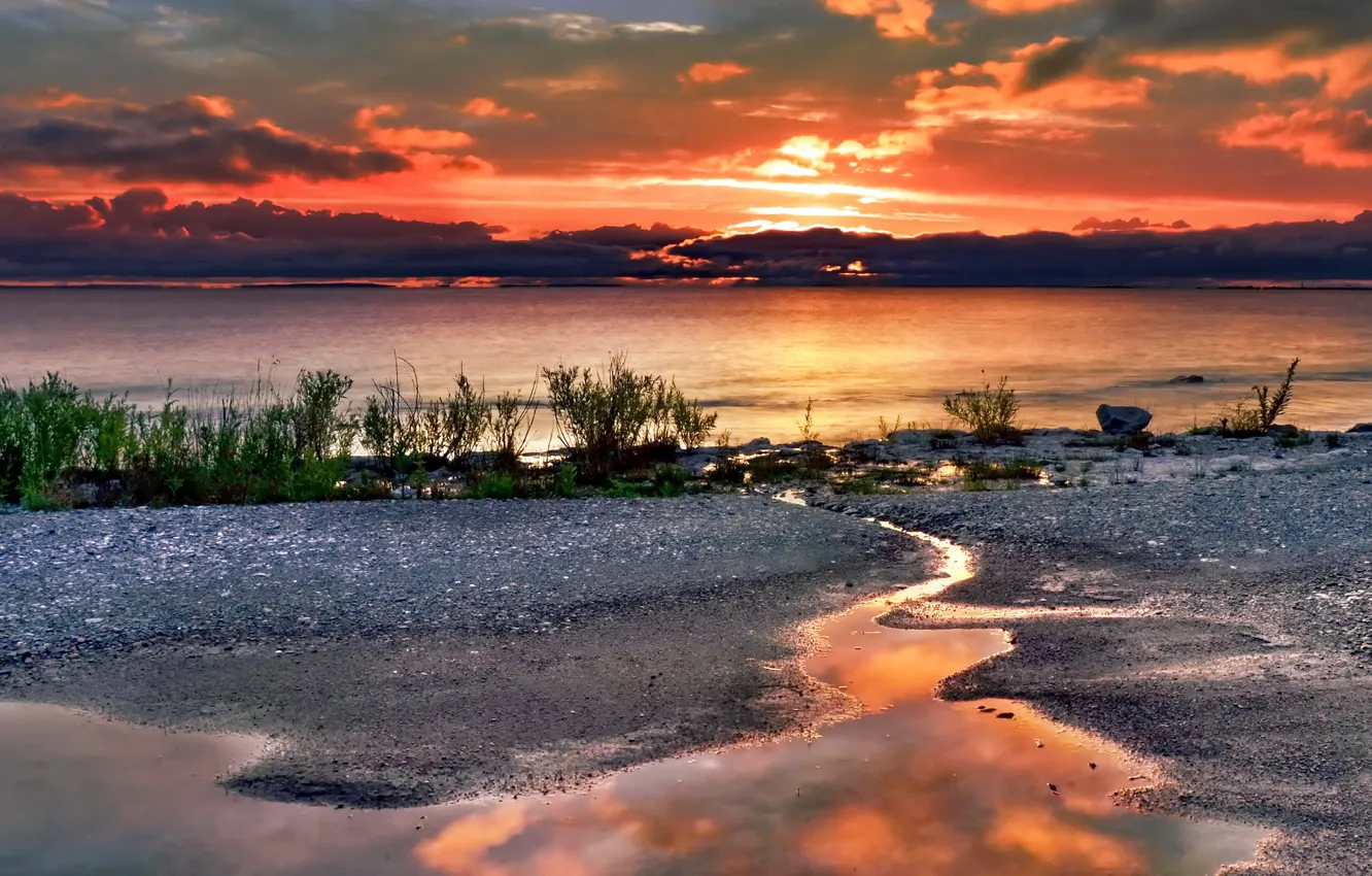 Photo wallpaper clouds, sunset, lake, glow