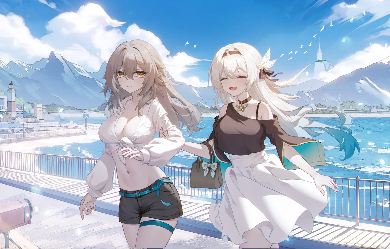 Photo wallpaper anime, blonde, anime girls, Petite, looking at viewer, bare midriff, Slim body, Belly Button