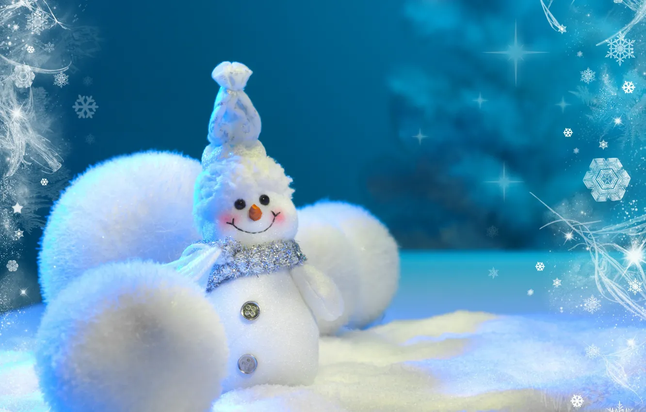 Photo wallpaper snow, snowflakes, smile, holiday, balls, magic, snowman, snow
