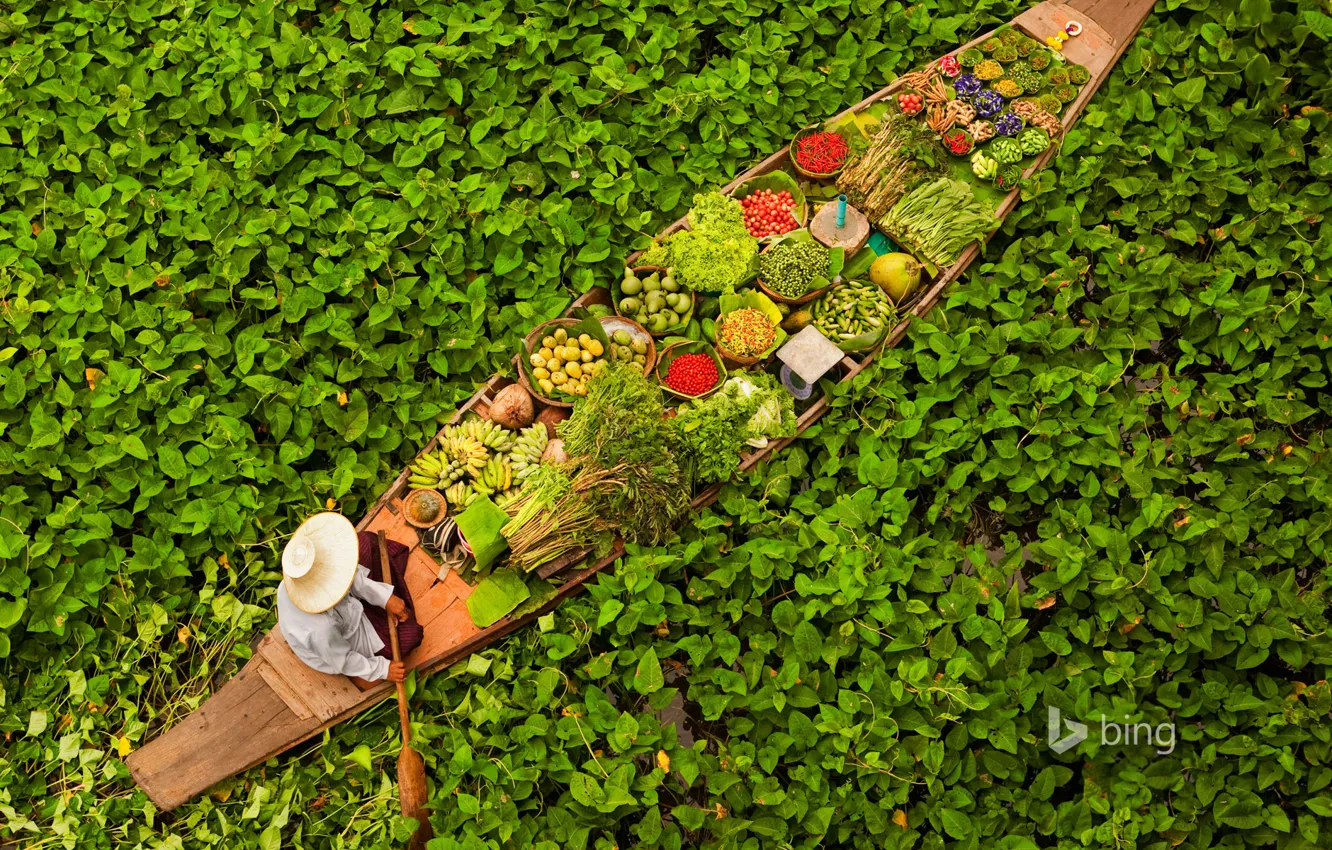 Photo wallpaper leaves, water, boat, Thailand, fruit, Bangkok, vegetables, floating market