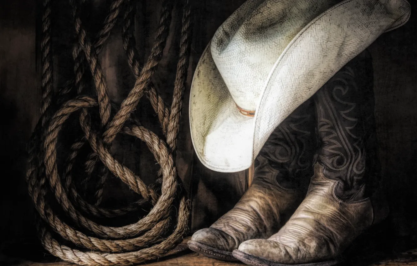 Photo wallpaper hat, boots, rope, cowboy