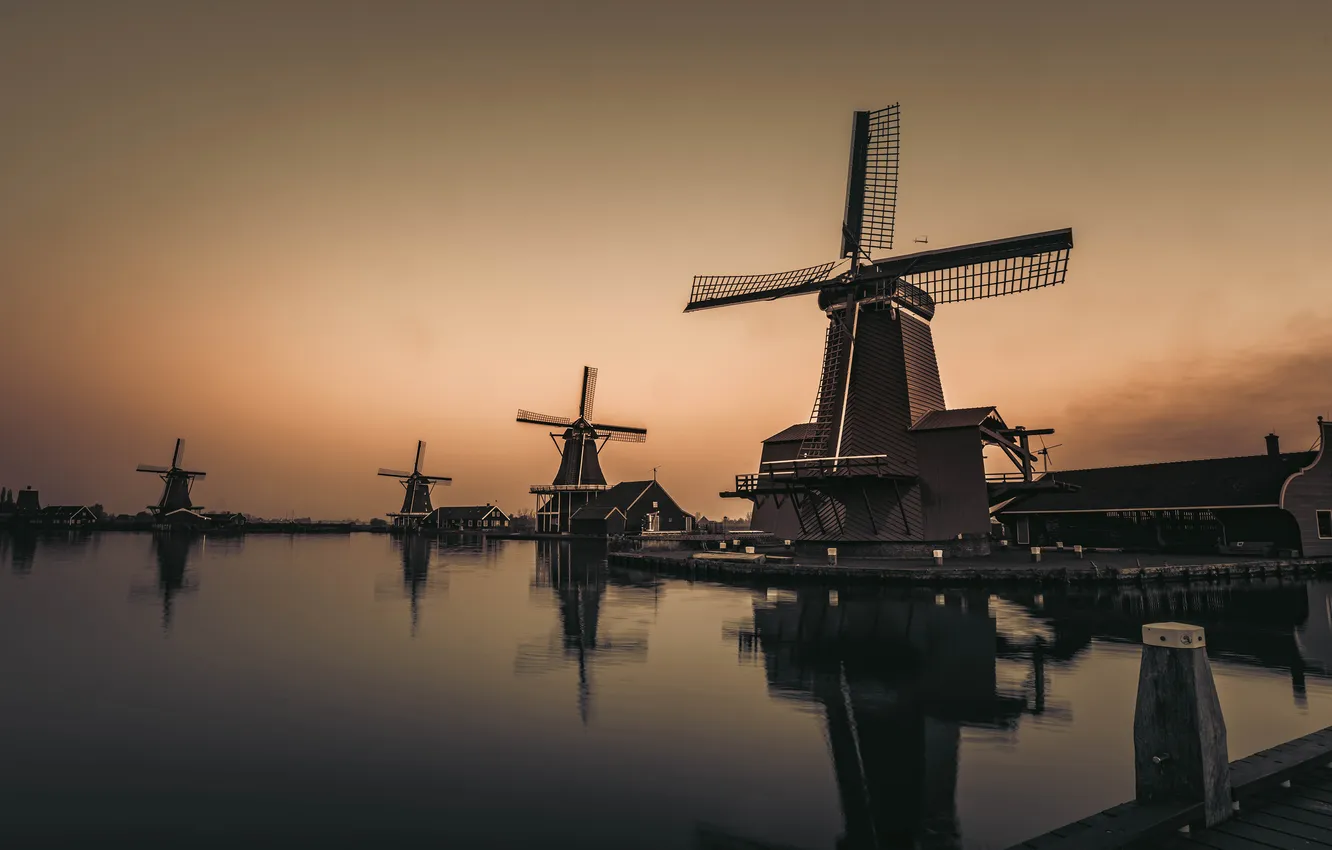 Photo wallpaper the sky, lake, reflection, shore, the evening, twilight, pond, windmills