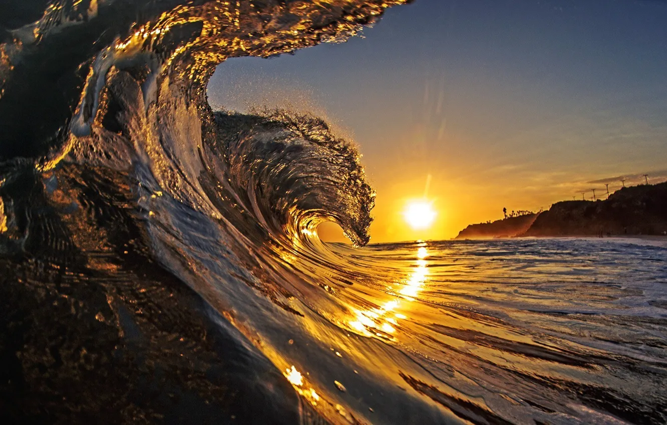 Photo wallpaper sea, coast, nature, sunset, sun, reflection, Waves, depth of field