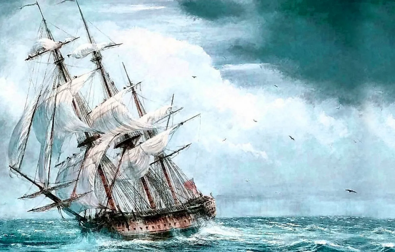 Photo wallpaper sea, ship, sailboat, picture, painting, painting