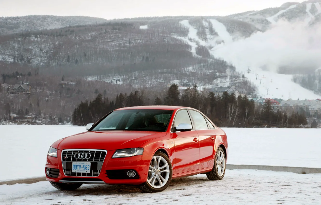 Photo wallpaper winter, mountains, Audi, red, Audi S4