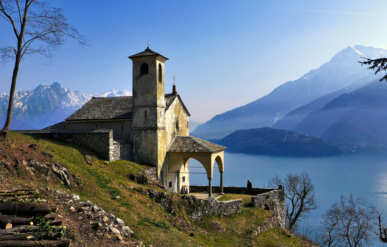 Photo wallpaper mountains, lake, Italy, Church, Lombardy, Dongo