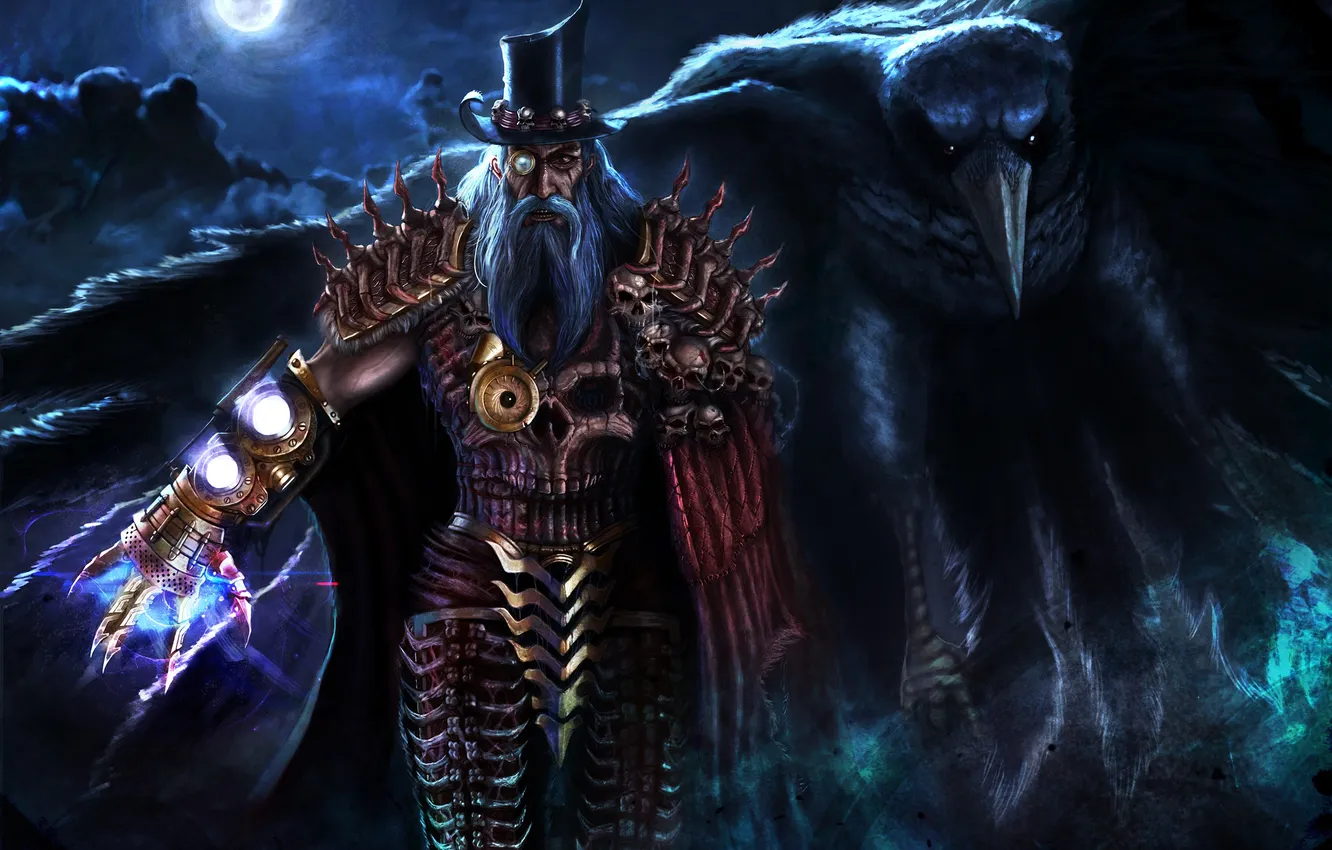 Photo wallpaper night, the moon, the game, skull, man, art, armor, Raven