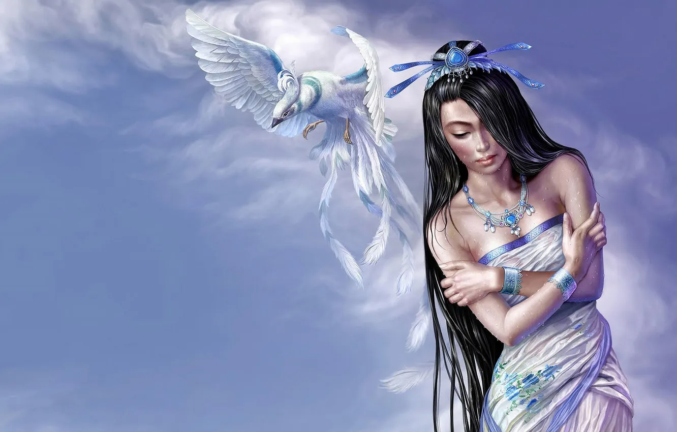 Photo wallpaper water, girl, drops, decoration, flight, bird, wings, wet