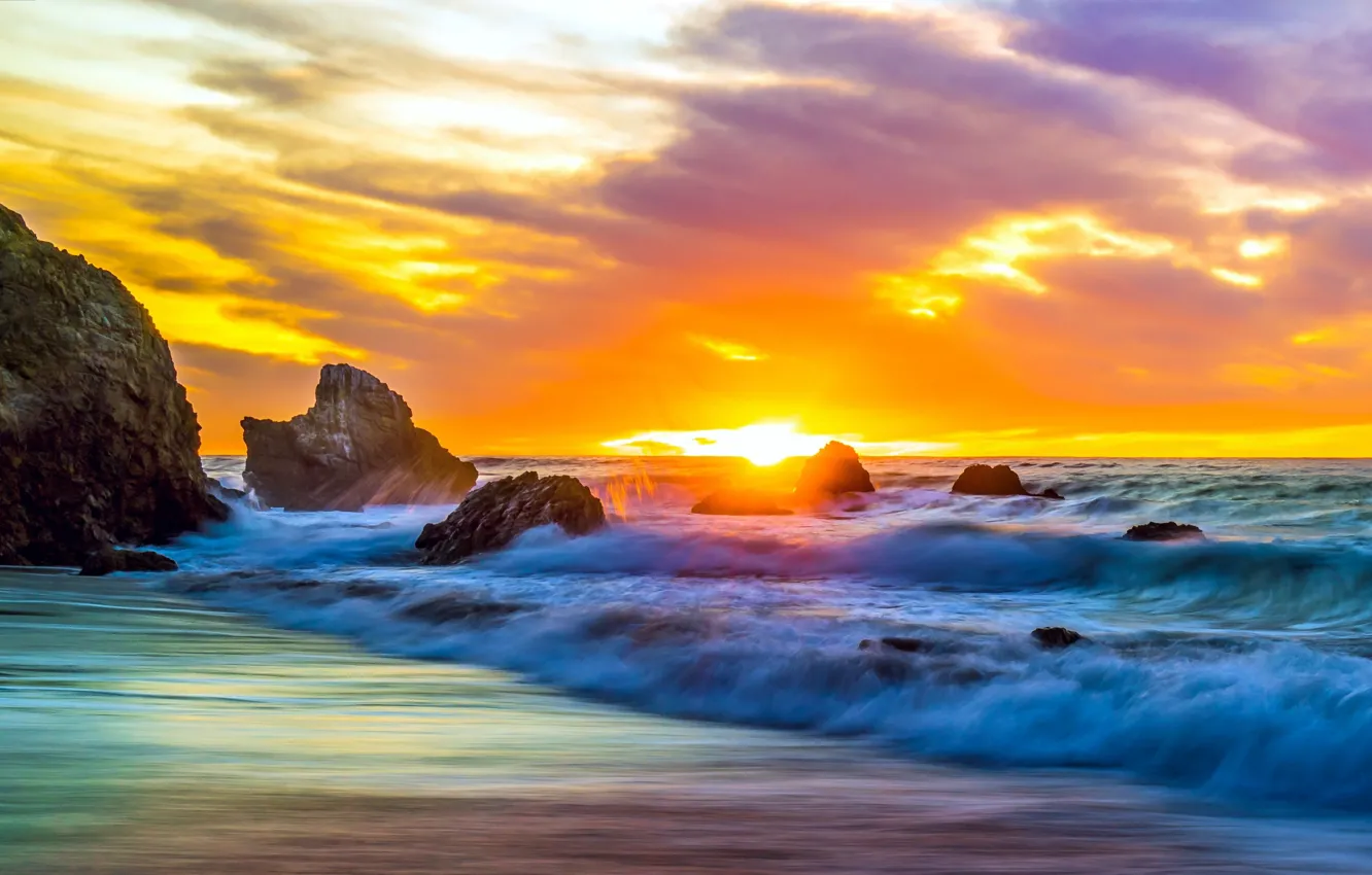 Photo wallpaper sea, the sun, sunset, rocks, shore