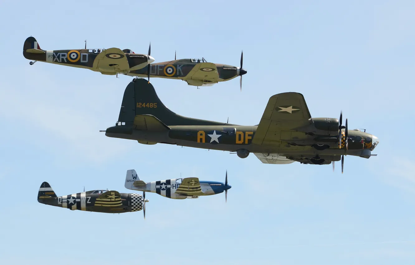 Photo wallpaper Boeing, flight, bomber, Spitfire, Hawker Hurricane, B-17, P-51 Mustang, P-47 Thunderbolt