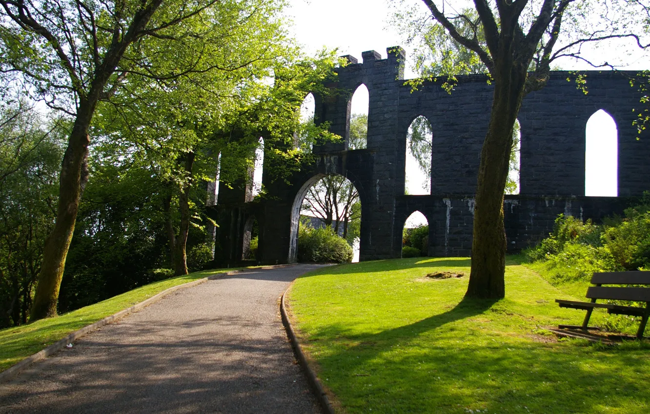 Photo wallpaper road, bench, part, buildings