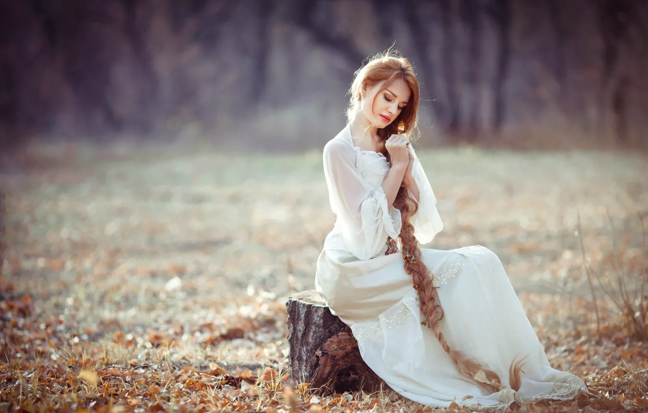 Photo wallpaper autumn, forest, grass, look, leaves, girl, trees, nature
