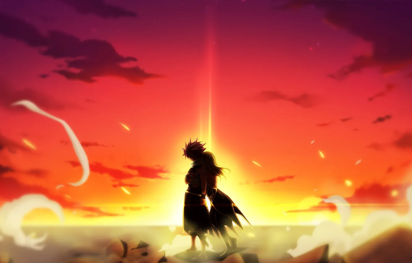 Photo wallpaper sunset, anime, art, guy, fairy tail, Natsu, Lucy, Fairy tail
