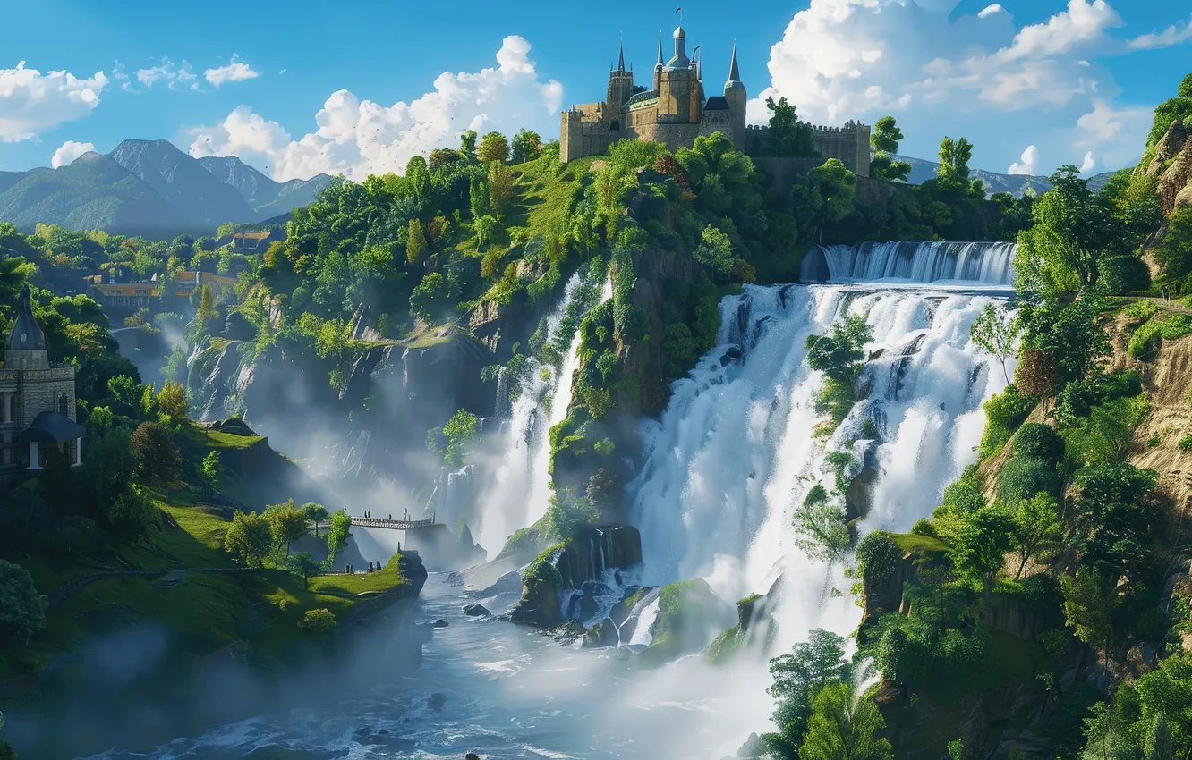 Photo wallpaper summer, the sky, clouds, light, trees, mountains, nature, fog