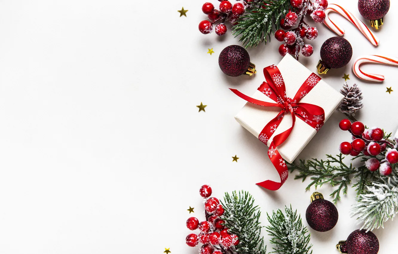 Photo wallpaper balls, branches, red, berries, gift, new year, texture, fruit