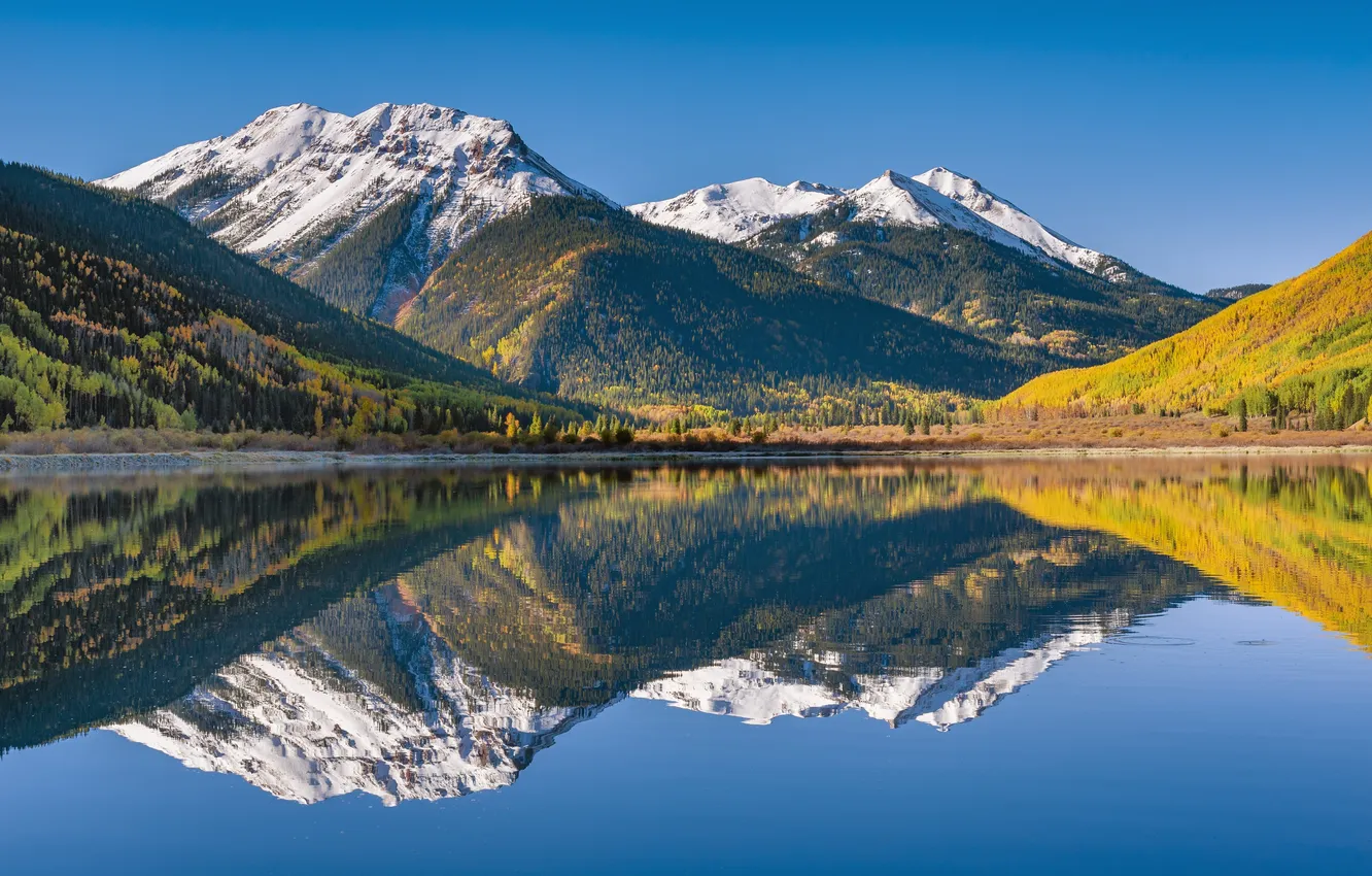 Photo wallpaper autumn, forest, landscape, mountains, nature, lake, reflection