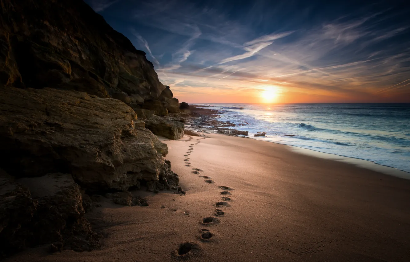 Photo wallpaper sea, wave, beach, clouds, the way, sunrise, rocks, stone