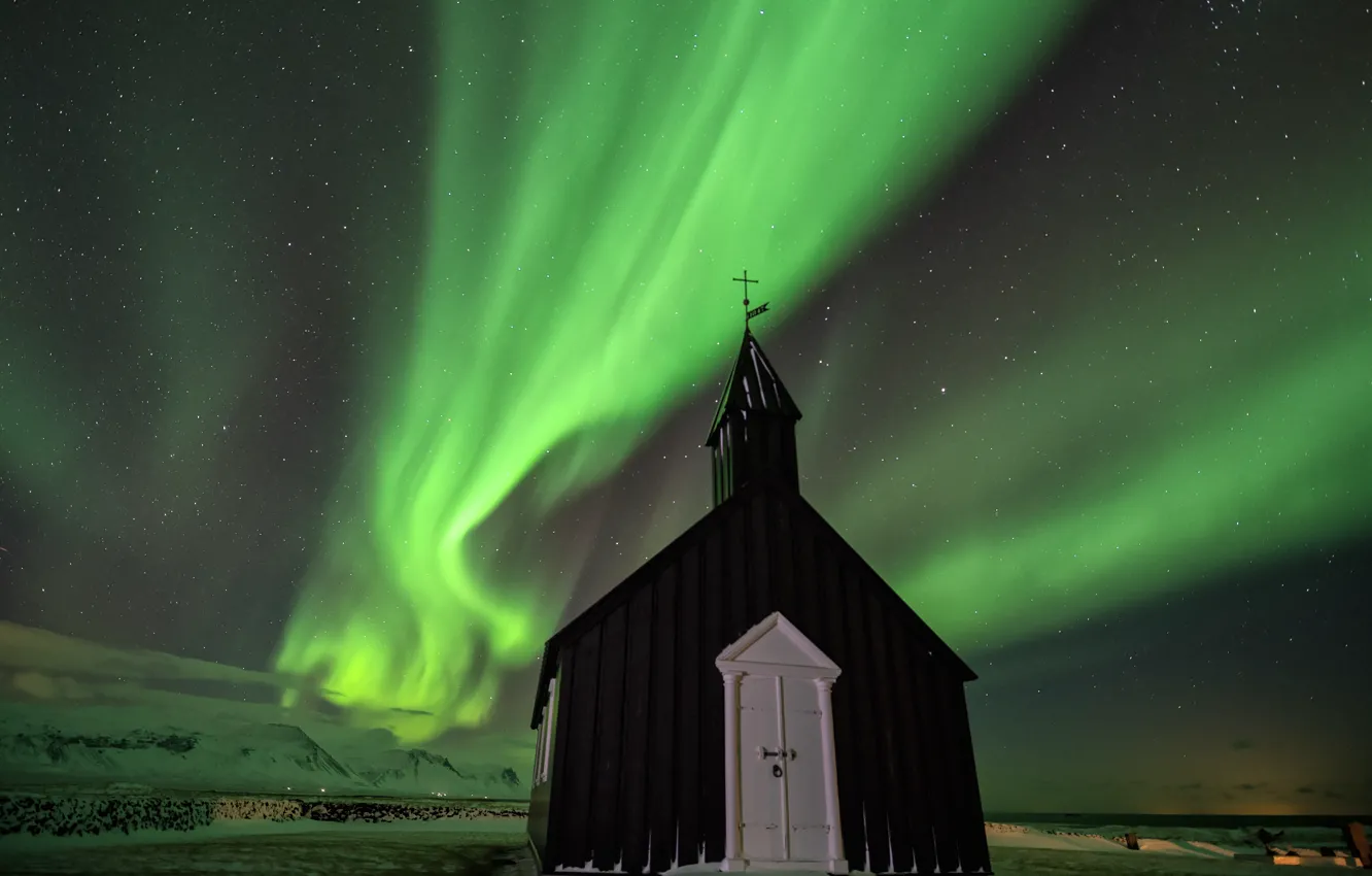 Photo wallpaper snow, hills, cross, the door, Church, auroras