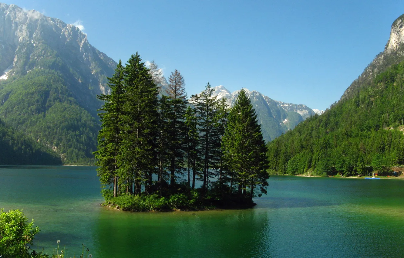 Photo wallpaper water, trees, mountains, nature, lake, island