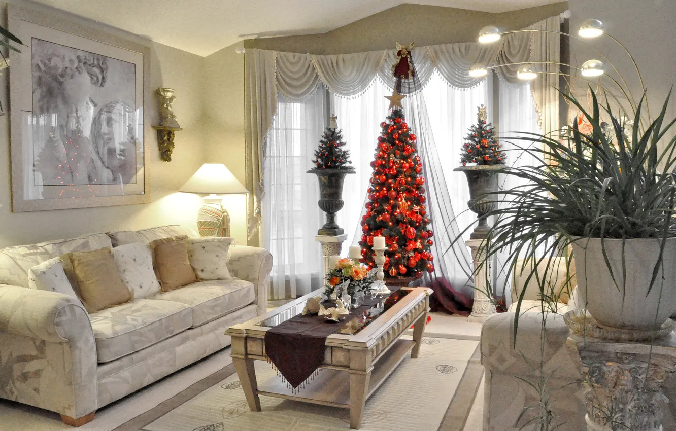 Photo wallpaper sofa, holiday, lamp, tree, picture, New Year, Christmas, vase