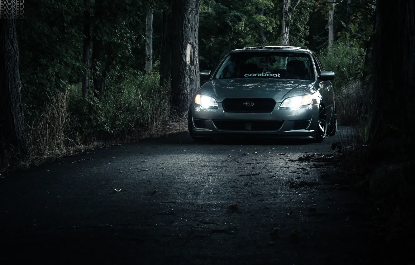 Photo wallpaper road, forest, light, lights, subaru, Subaru, legacy