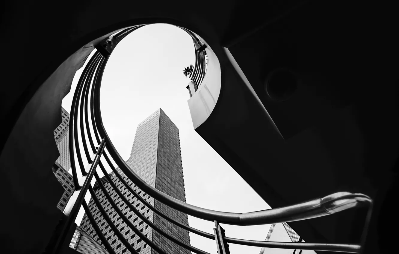 Photo wallpaper skyscraper, Singapore, black and white, staircase, stairs, b/w, Downtown Core, Marina Centre