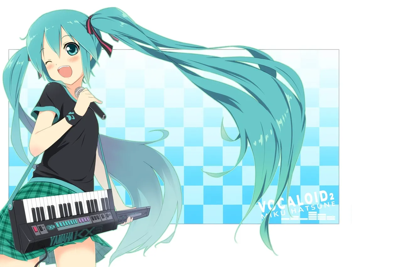 Photo wallpaper microphone, vocaloid, Hatsune Miku, long hair, Vocaloid, synth, wink, singing