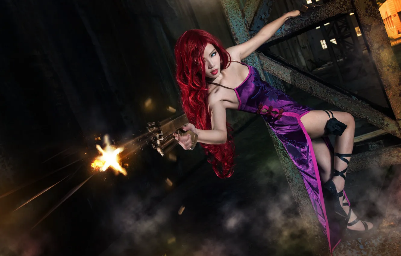 Photo wallpaper look, girl, weapons, background, fire, design, dress, shoes