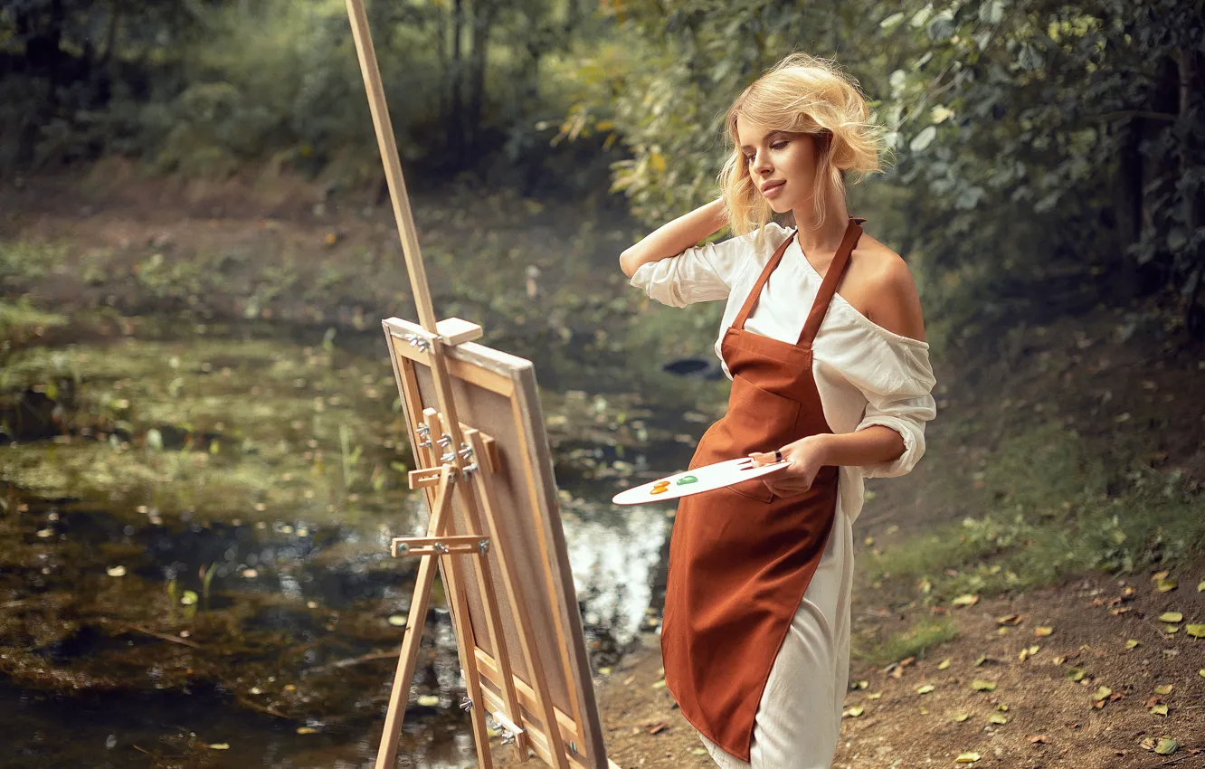 Photo wallpaper trees, pose, pond, paint, model, portrait, makeup, dress