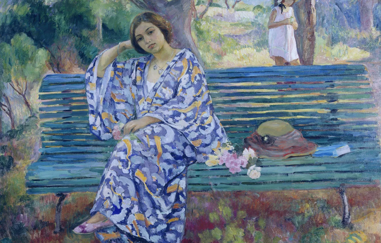 Photo wallpaper girl, Park, picture, garden, bench, genre, Henri Lebacq, Young Woman Seated on a Bench