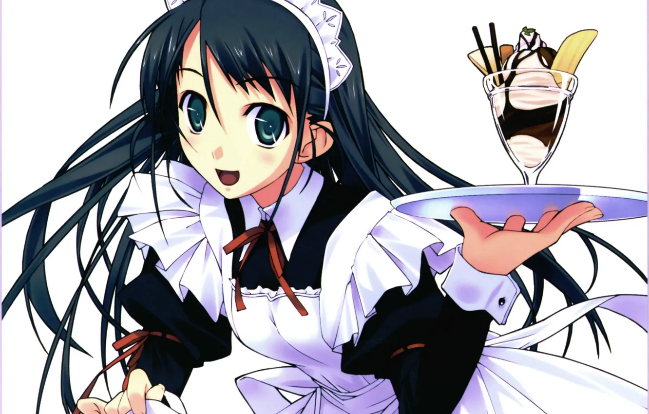 Photo wallpaper white background, ice cream, long hair, the maid, art, tray, visual novel, murakami suigun