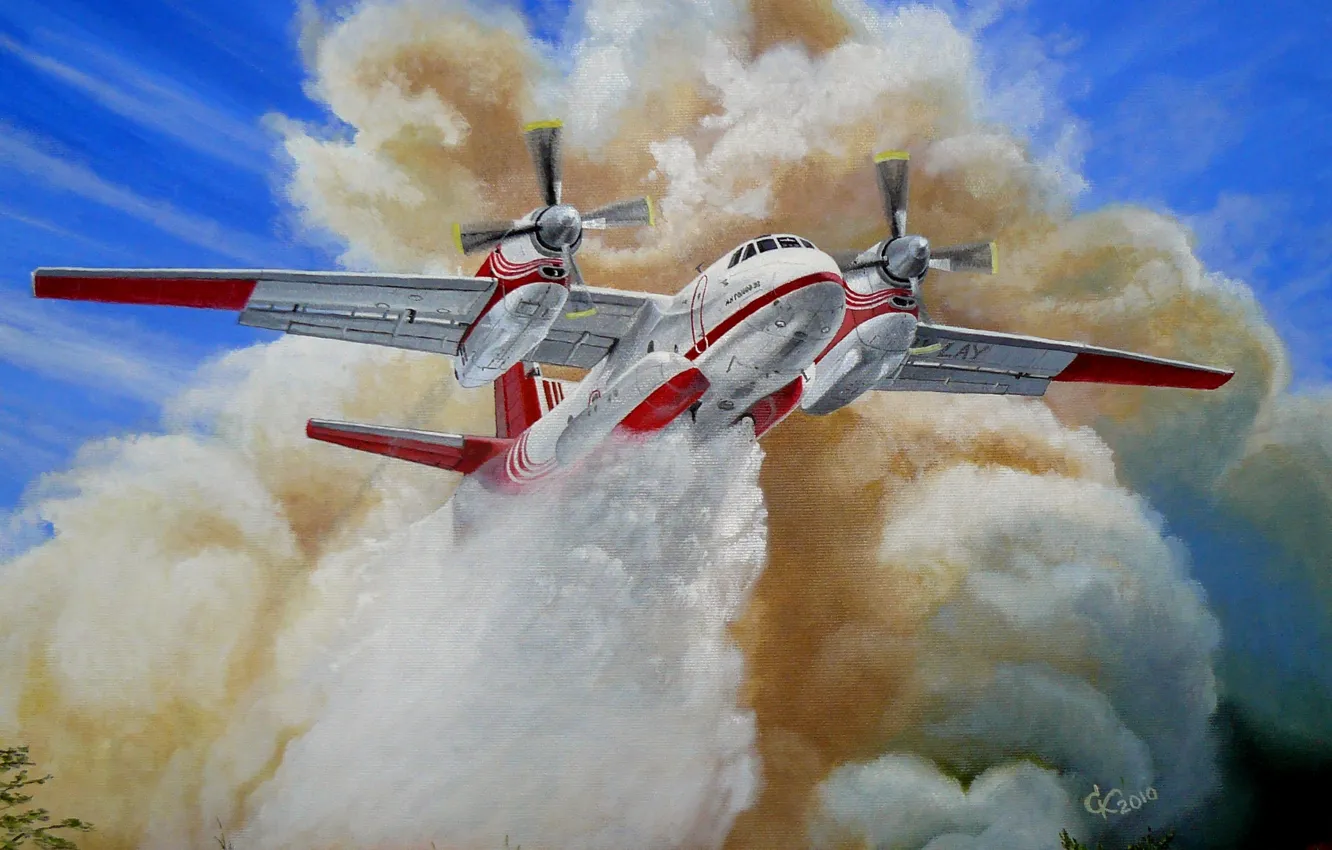 Photo wallpaper forest, the sky, fire, figure, art, the plane, Russian, extinguishing