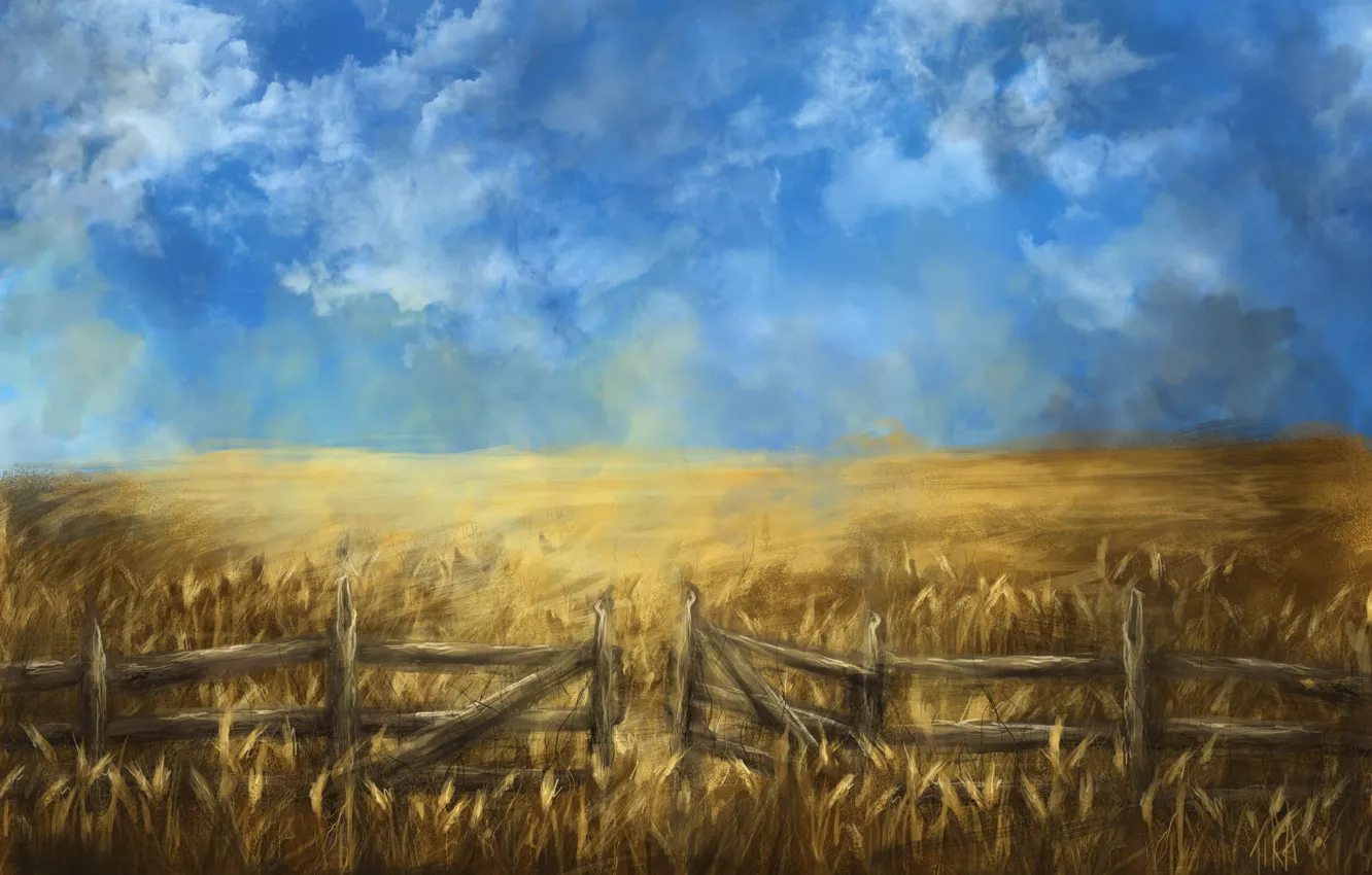Photo wallpaper wheat, field, summer, clouds, the fence, art, ears
