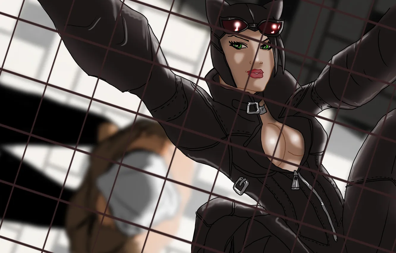 Photo wallpaper cat, eyes, look, grille, green, costume, Catwoman, selina