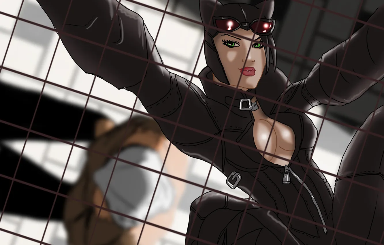Photo wallpaper cat, eyes, look, green, grille, costume, Catwoman, Selina