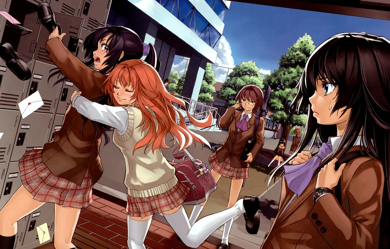 Photo wallpaper emotions, shoes, hugs, girl, form, school, friend