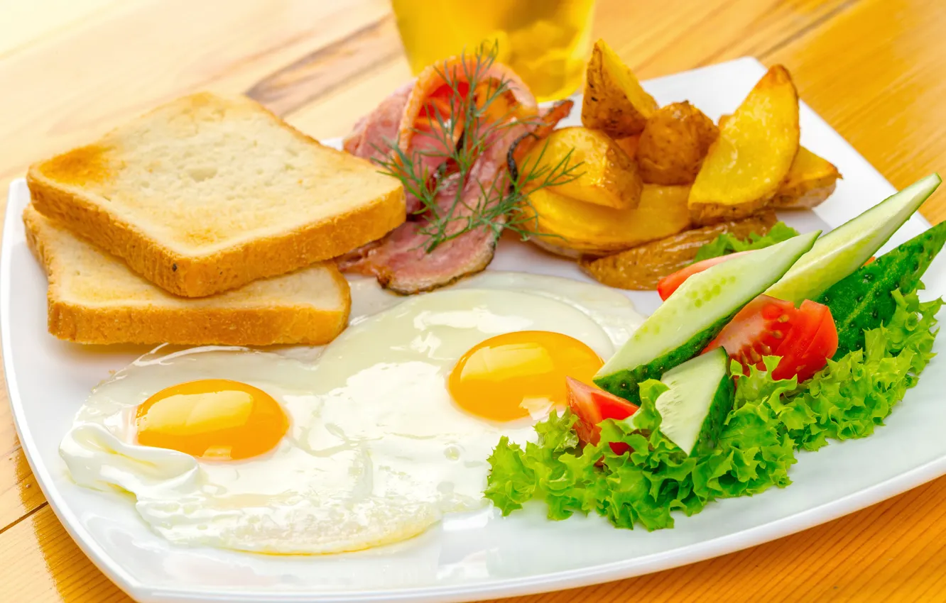 Photo wallpaper bread, scrambled eggs, vegetables, tomatoes, bacon, salad, toast, egg