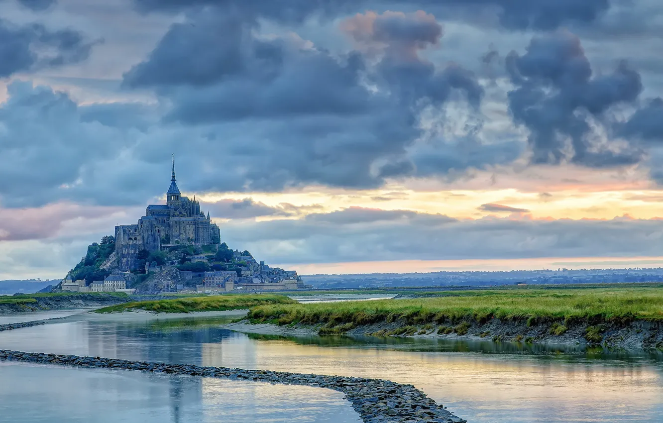 Photo wallpaper landscape, France, island, Normandy, Mont-Saint-Michel, Mont Saint-Michel, Daybreak