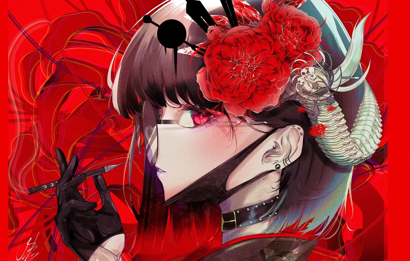 Photo wallpaper red eyes, demoness, red background, glasses, face, demon girl, chalker, medical face mask